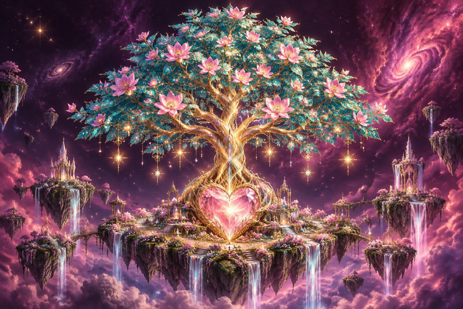 A flowering celestial tree rooted in a luminous crystal heart